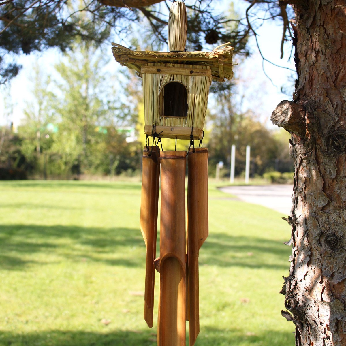 Square Seagrass Bird Box with Bamboo Chimes — Petalby