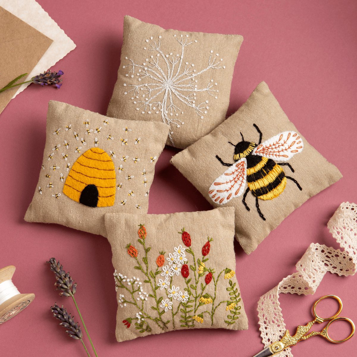 Linen Lavender Bags Embroidery Kit, Bees — Corinne Lapierre — Petalby