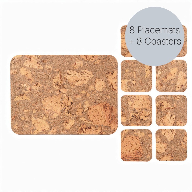 Natural Cork Placemats and Coasters, rectangular, set of eight — LIGA — Petalby